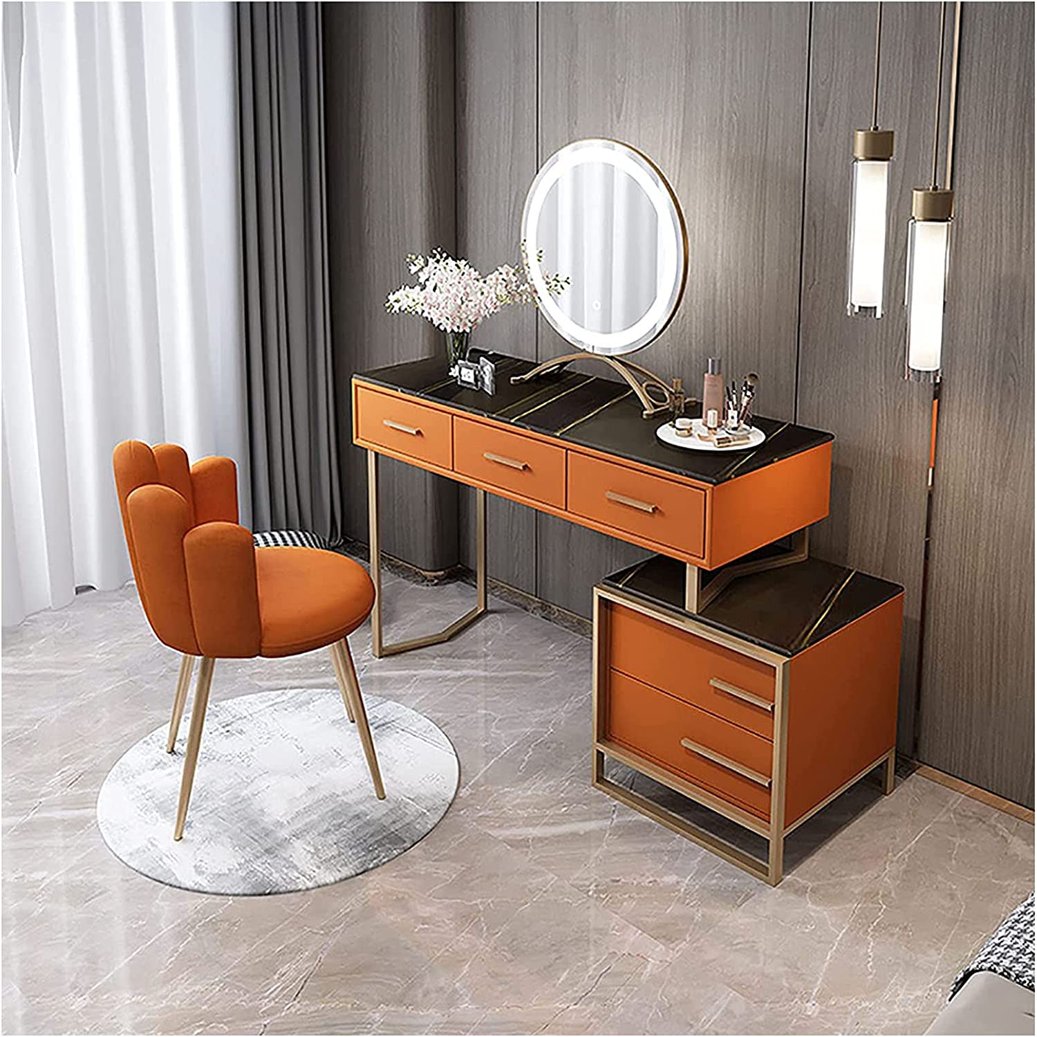 【Furniture】Italian Dressing Table with LED Mirror, Makeup Table with Marble Textured, Lockers & Makeup Chairs