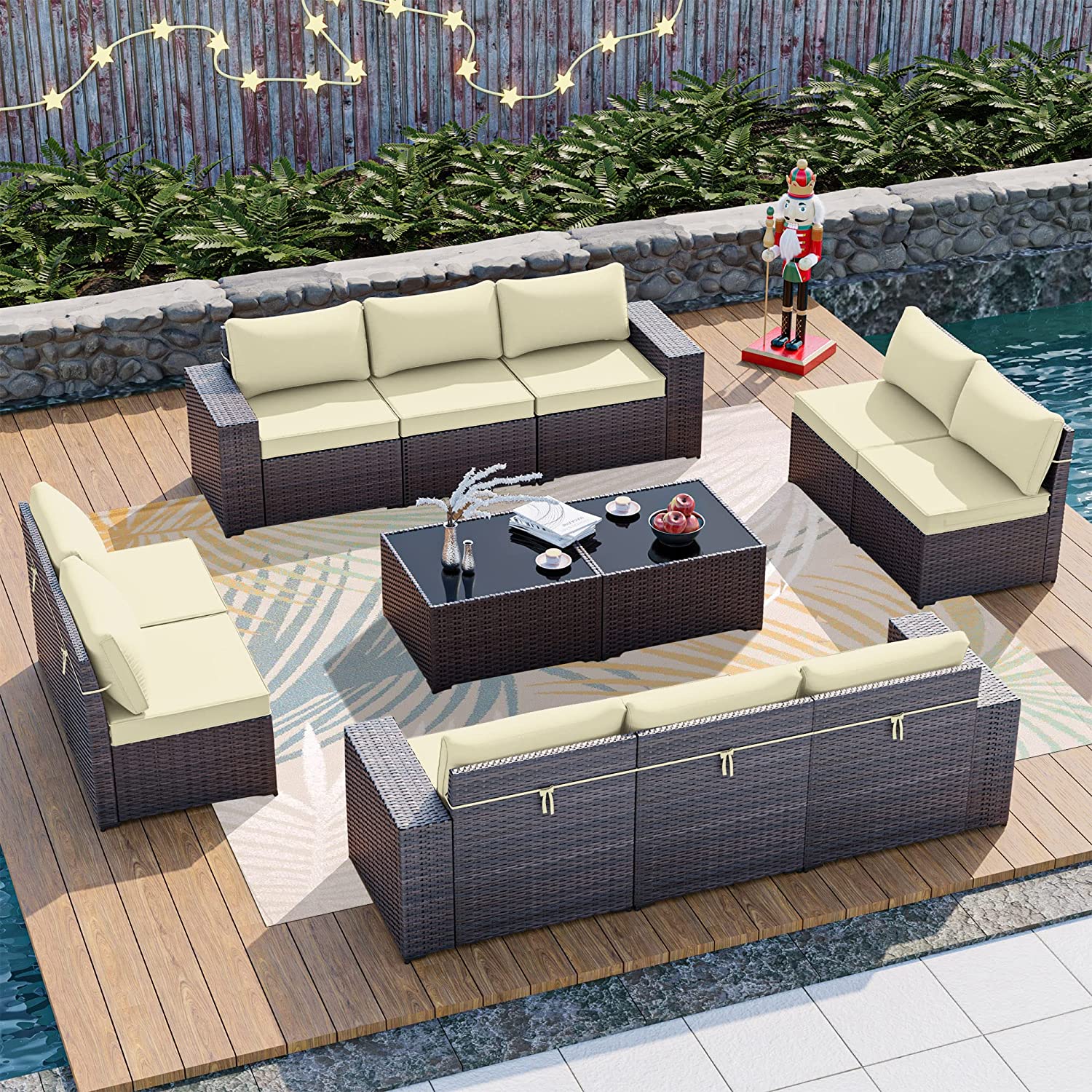 【Furniture】12 Pcs Outdoor Patio Furniture Set Sectional Sofa Sets Brown PE Rattan Patio Conversation Set