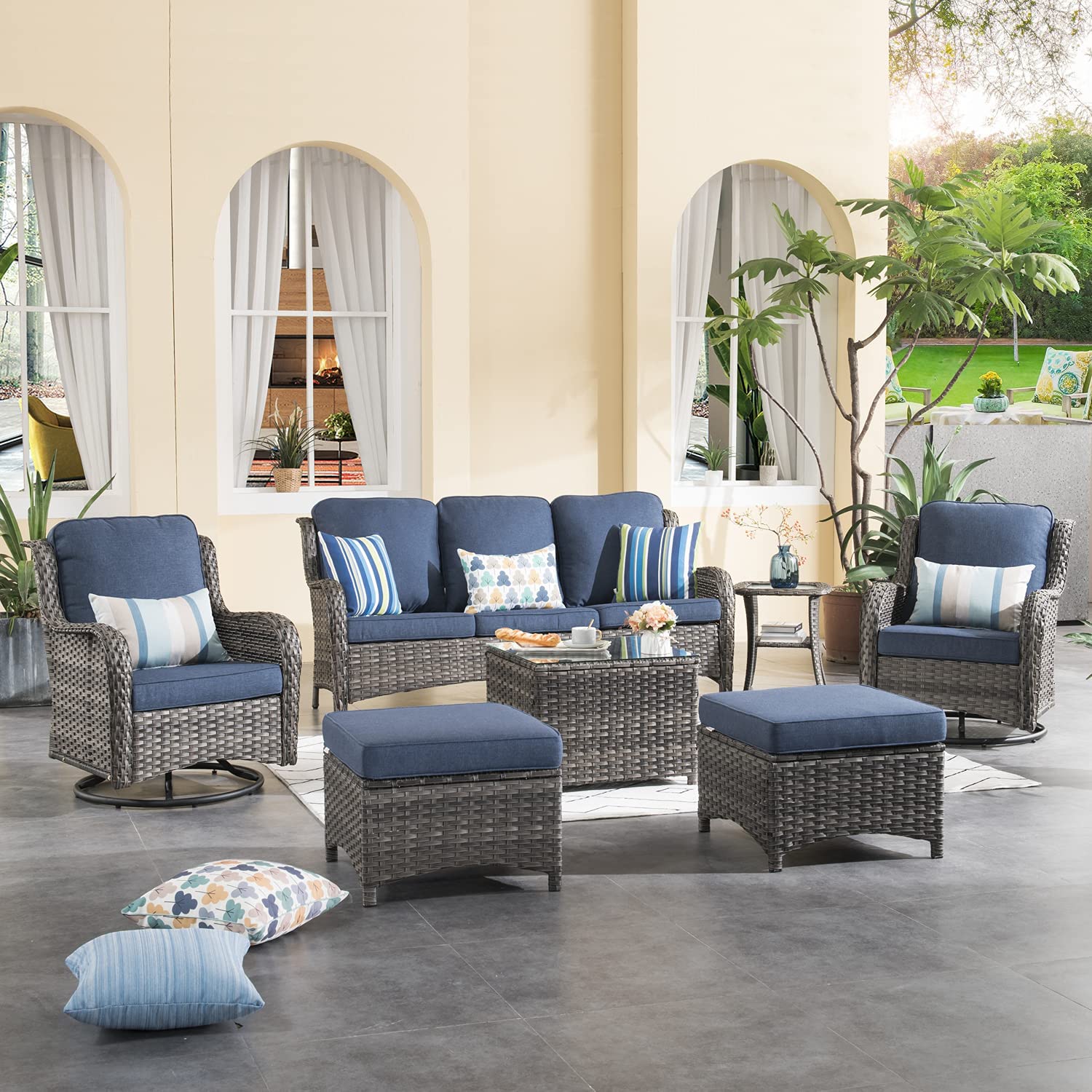 【Furniture】Patio Furniture Sets 7 Pieces Outdoor Furniture All Weather Wicker Conversation Set