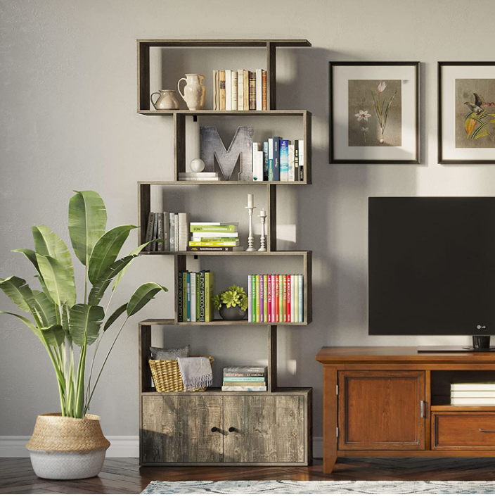 Rolanstar Bookshelf with Doors, 6-Tier Bookcase with Cabinet, Freestanding Bookshelves Storage Display Cabinet, Rustic Wood Bookshelf for Living Room, Bedroom, Home Office