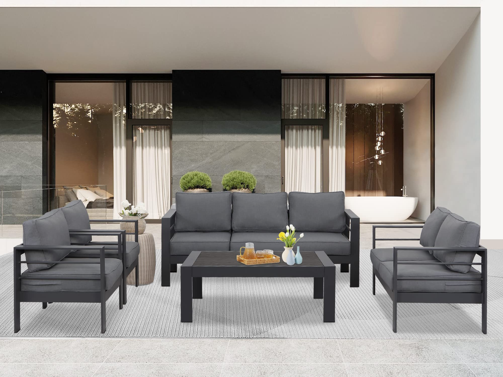 【Furniture】Aluminum Outdoor Patio Furniture Set, Outdoor Sectional Metal Sofa with 5