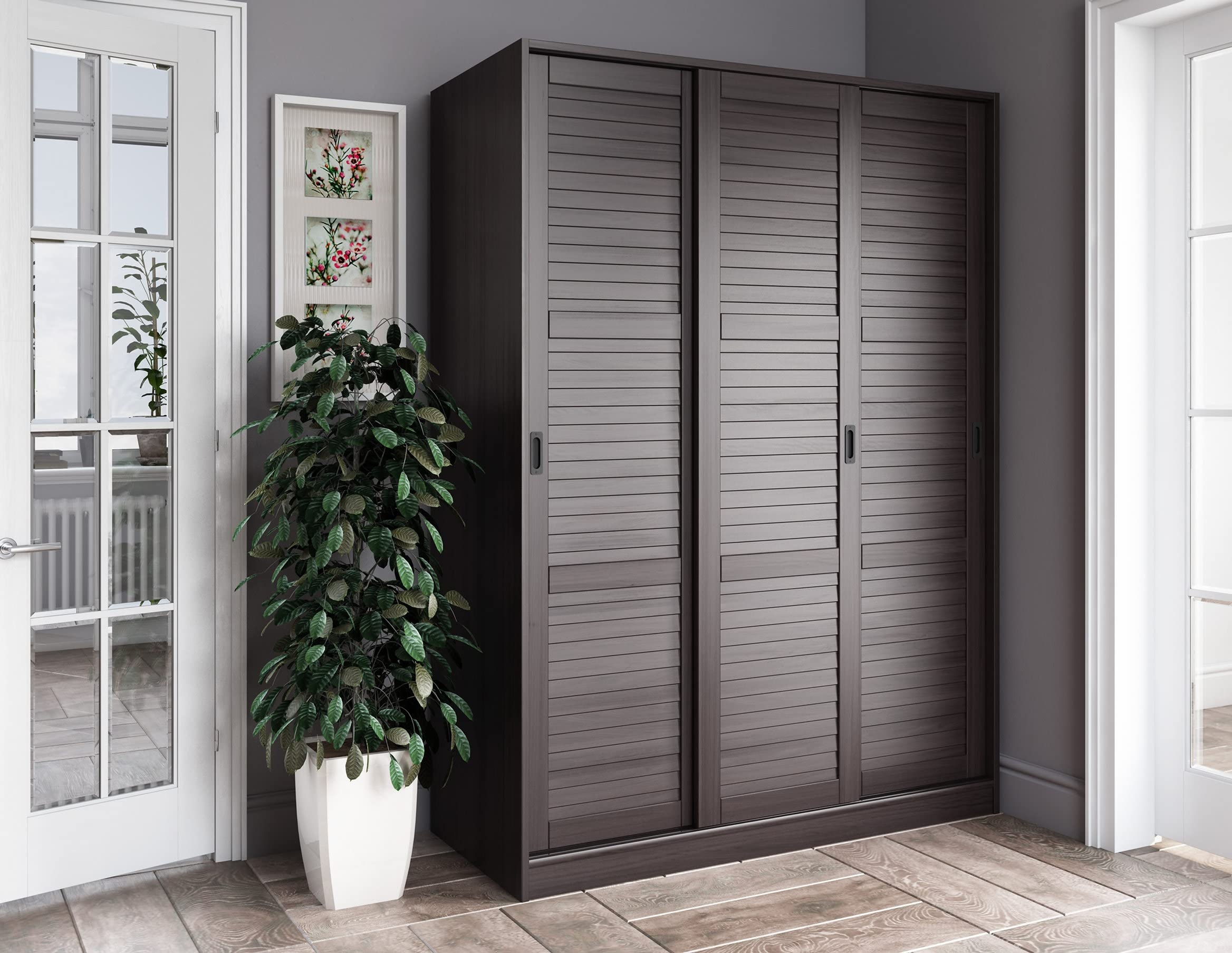 【Furniture】100% Solid Wood Wardrobe with 3 Sliding Louvered Doors, 5 Shelves Included