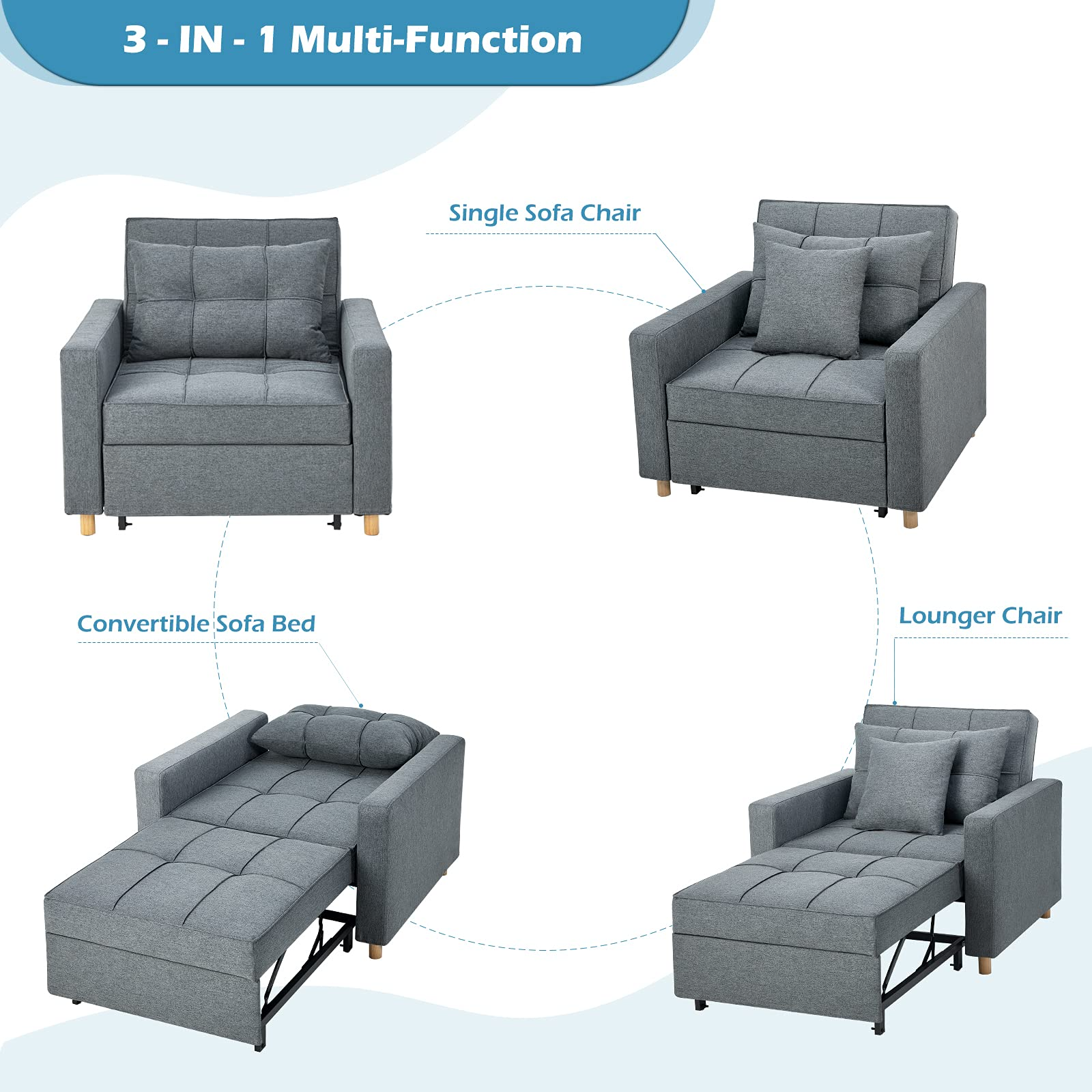 【Furniture】3-in-1 Sofa Bed Chair, Convertible Sleeper Chair Bed, Adjust Backrest Into A Sofa, Lounger Chair
