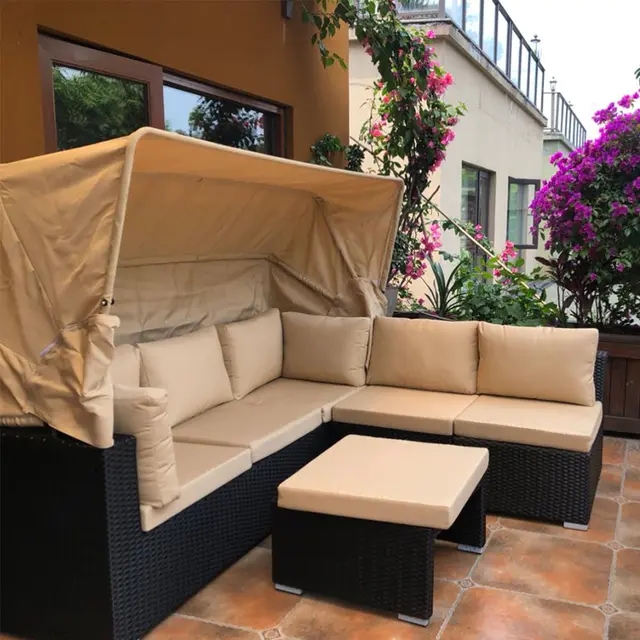 【Home&Garden】Outdoor rattan sofa courtyard open-air canopy shade waterproof bed coffee table rattan furnitur