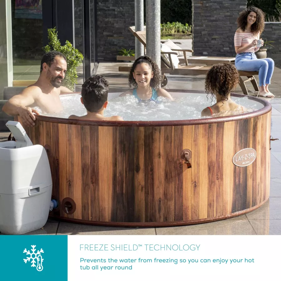 HELSINKI HOT TUB, 180 AIRJET WOOD EFFECT INFLATABLE SPA WITH FREEZE SHIELD YEAR ROUND TECHNOLOGY AND RAPID HEATING, 5-7 PERSON