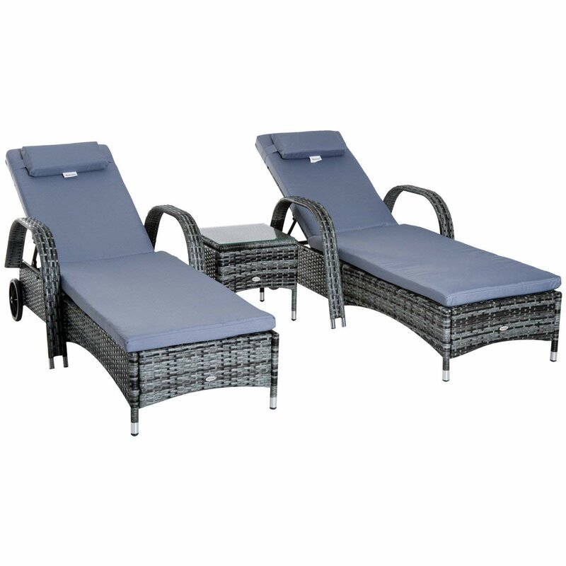 200CM LONG RECLINING SUN LOUNGER SET WITH CUSHIONS AND TABLE