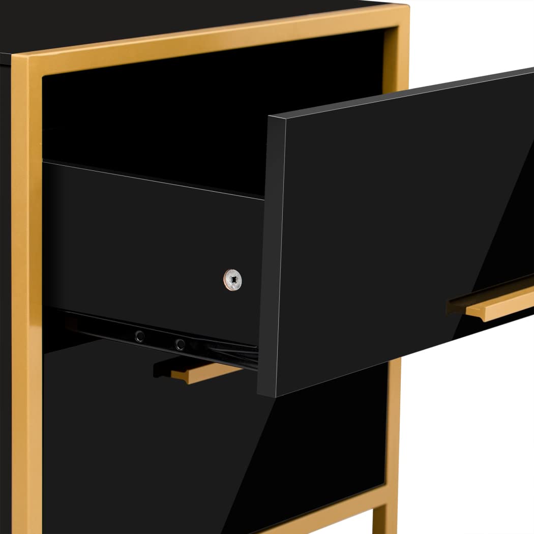 【Furniture】Nightstand with 2 Storage Drawers, Bedside Table with Gold Legs, End Table-Black