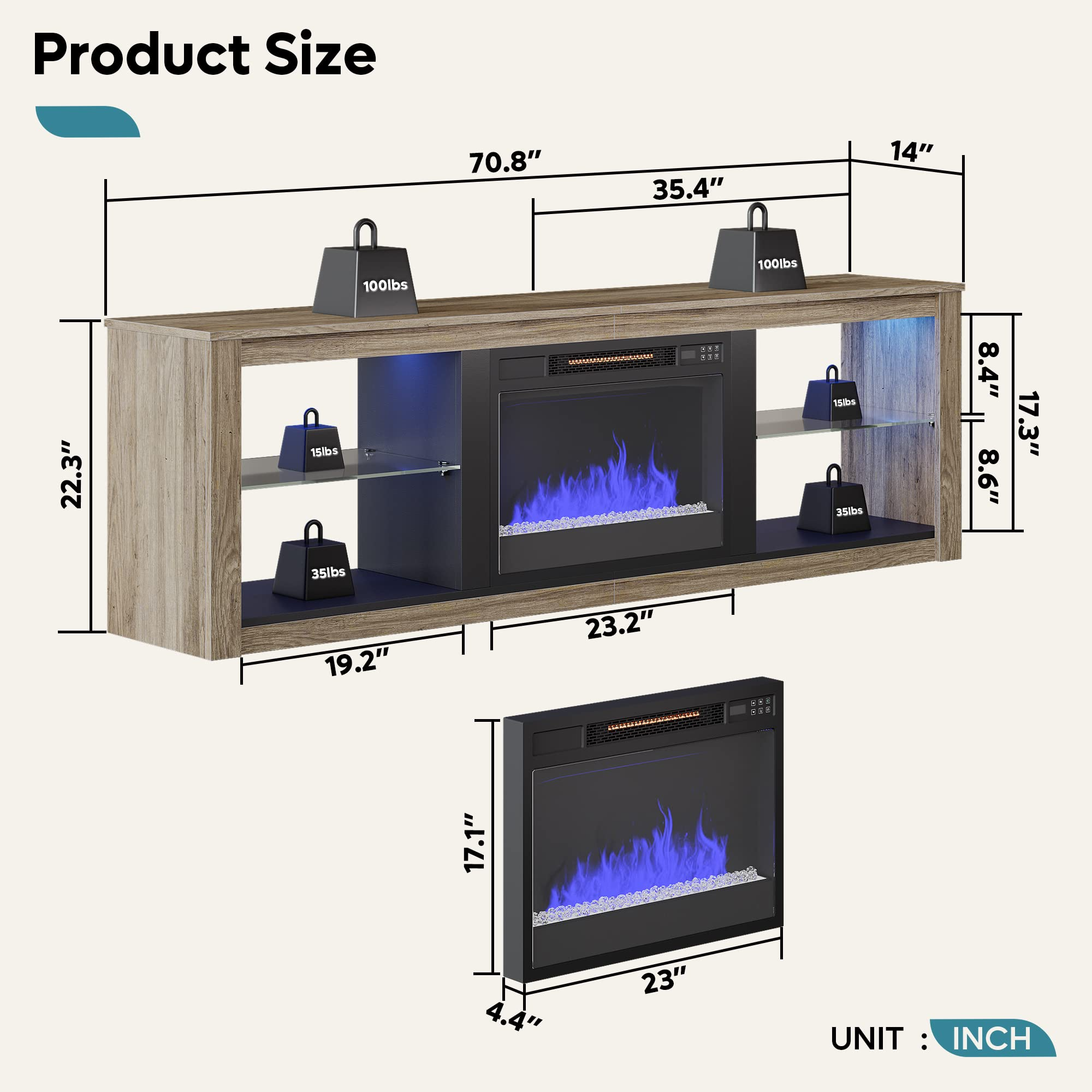 【Furniture】Fireplace TV Stand for 75 inch TV with 23 inch Electric Fireplace, 70 inch Entertainment Center
