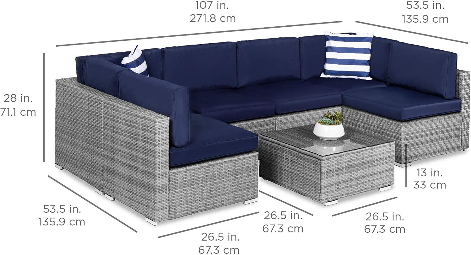 Best Choice Products 7-Piece Modular Outdoor Sectional Wicker Patio Furniture Conversation Sofa Set w/ 6 Chairs, 2 Pillows, Seat Clips, Coffee Table, Cover Included - Gray/Navy