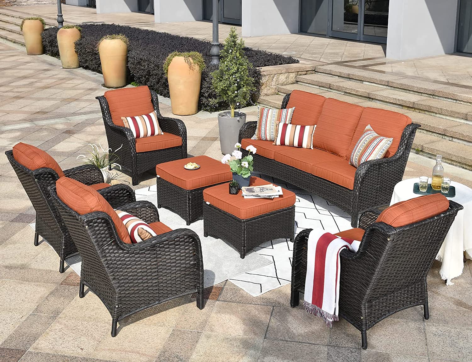【Furniture】Outdoor Furniture Patio Furniture Set 7 Pcs All Weather Wicker Patio Conversation