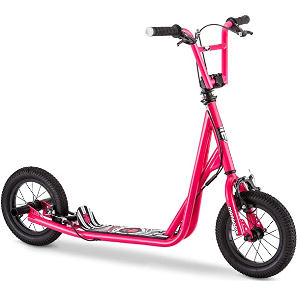 Mongoose Expo Youth Scooter, Front and Rear Caliper Brakes, Rear Axle Pegs, 12-Inch Inflatable Wheels, Non Electric Green/Grey