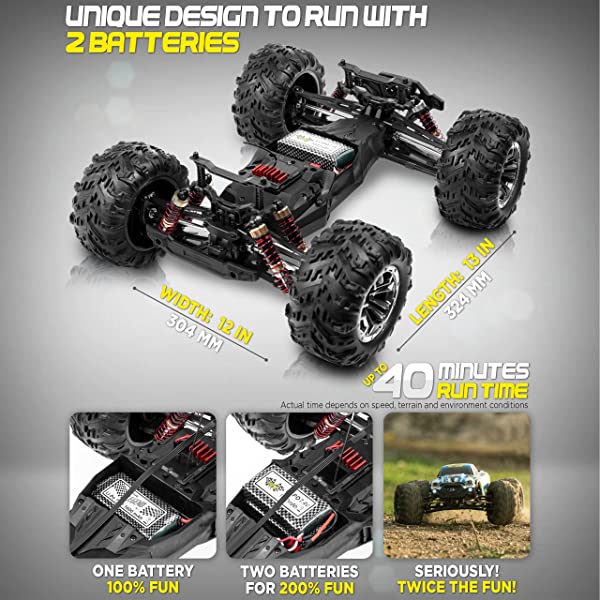 1:10 Scale Large RC Cars 50+ kmh Speed - Boys Remote Control Car 4x4 Off Road Monster Truck Electric - Hobby Grade Waterproof Toys Trucks for Kids and Adults - 2 Batteries + Connector for 40+ Min Play Black - Red 1:10 Scale 31 mph