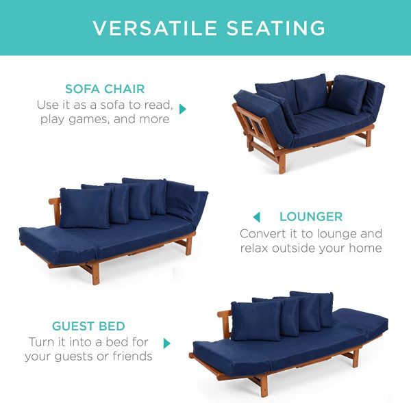 Best Choice Products Outdoor Convertible Acacia Wood Futon Sofa Furniture for Patio, Balcony, Poolside, Backyard w/Pullout Tray, Removable Weather-Resistant Cushion & 4 Pillows – Navy Blue