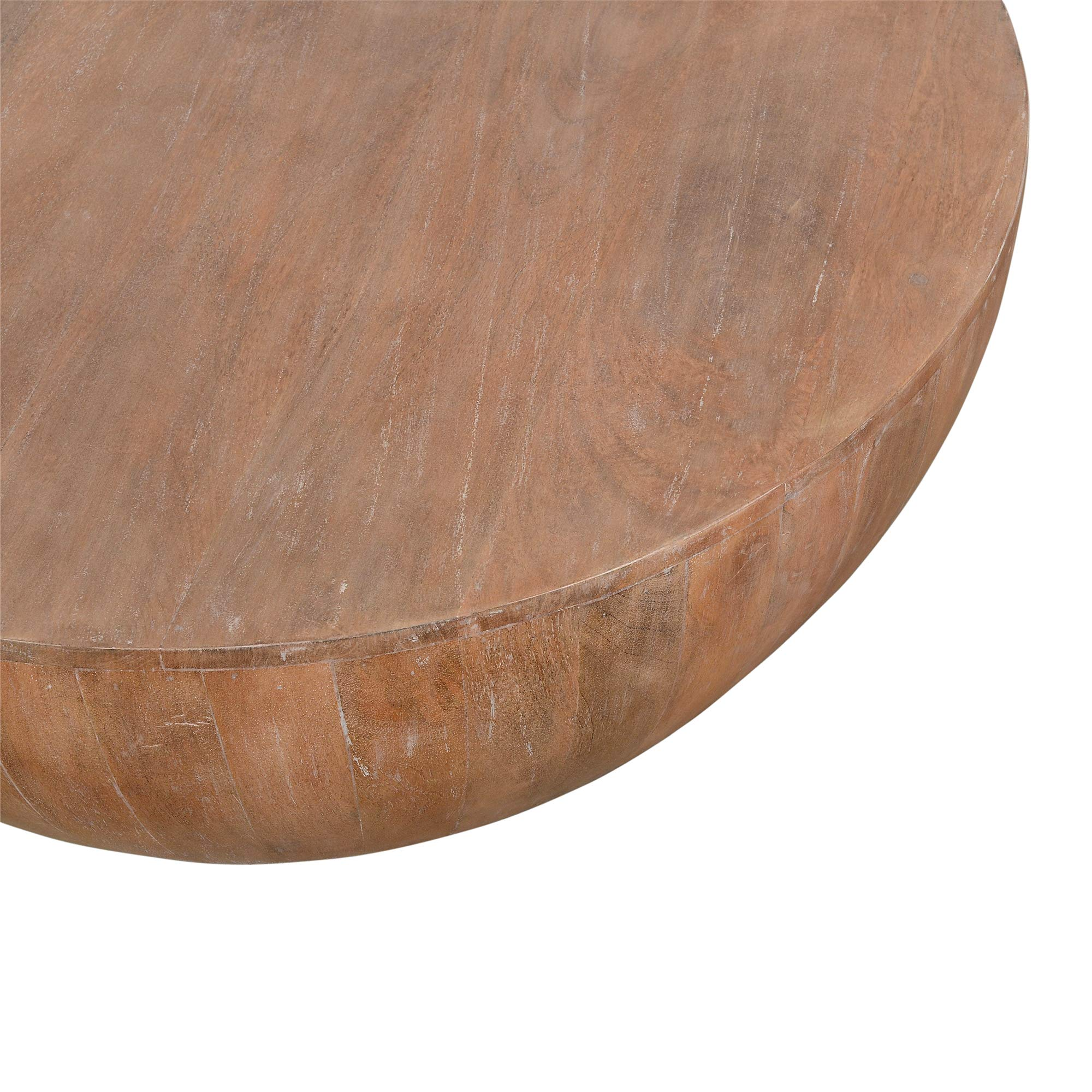 【Furniture】Drum Shape Wooden Coffee Table with Plank Design Base, Brown