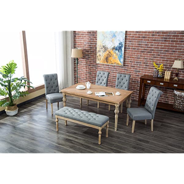 Roundhill Furniture Habitanian 6-Piece White Wash Dining Set with Tufted Chairs and Bench, Beige