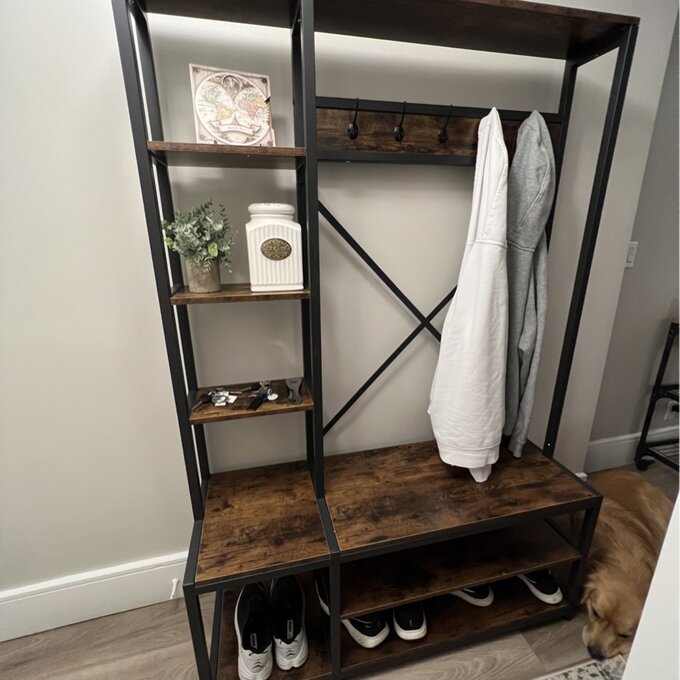 【Furniture】Emelyne 47.2'' Wide Iron Hall Tree with Bench and Shoe Storage