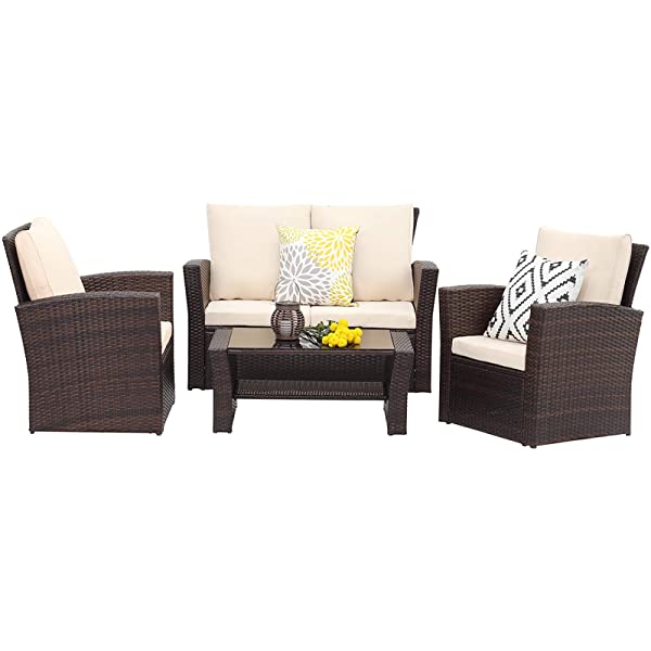 Wisteria Lane 4 Piece Outdoor Patio Furniture Sets, Wicker Conversation Set for Porch Deck, Gray Rattan Sofa Chair with Cushion Grey